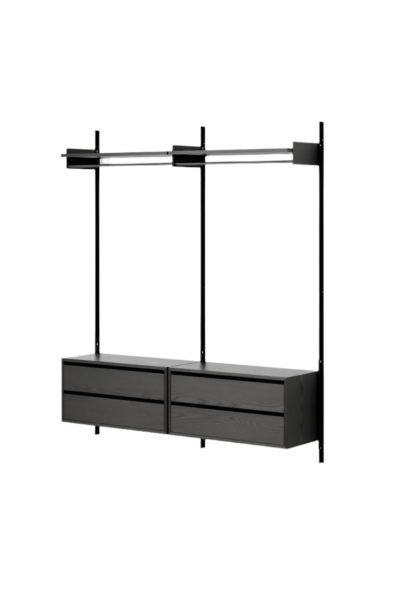 A double wardrobe shelf cabinet with drawers, in a black finish, mounted on a wall without any visible doors or handles.