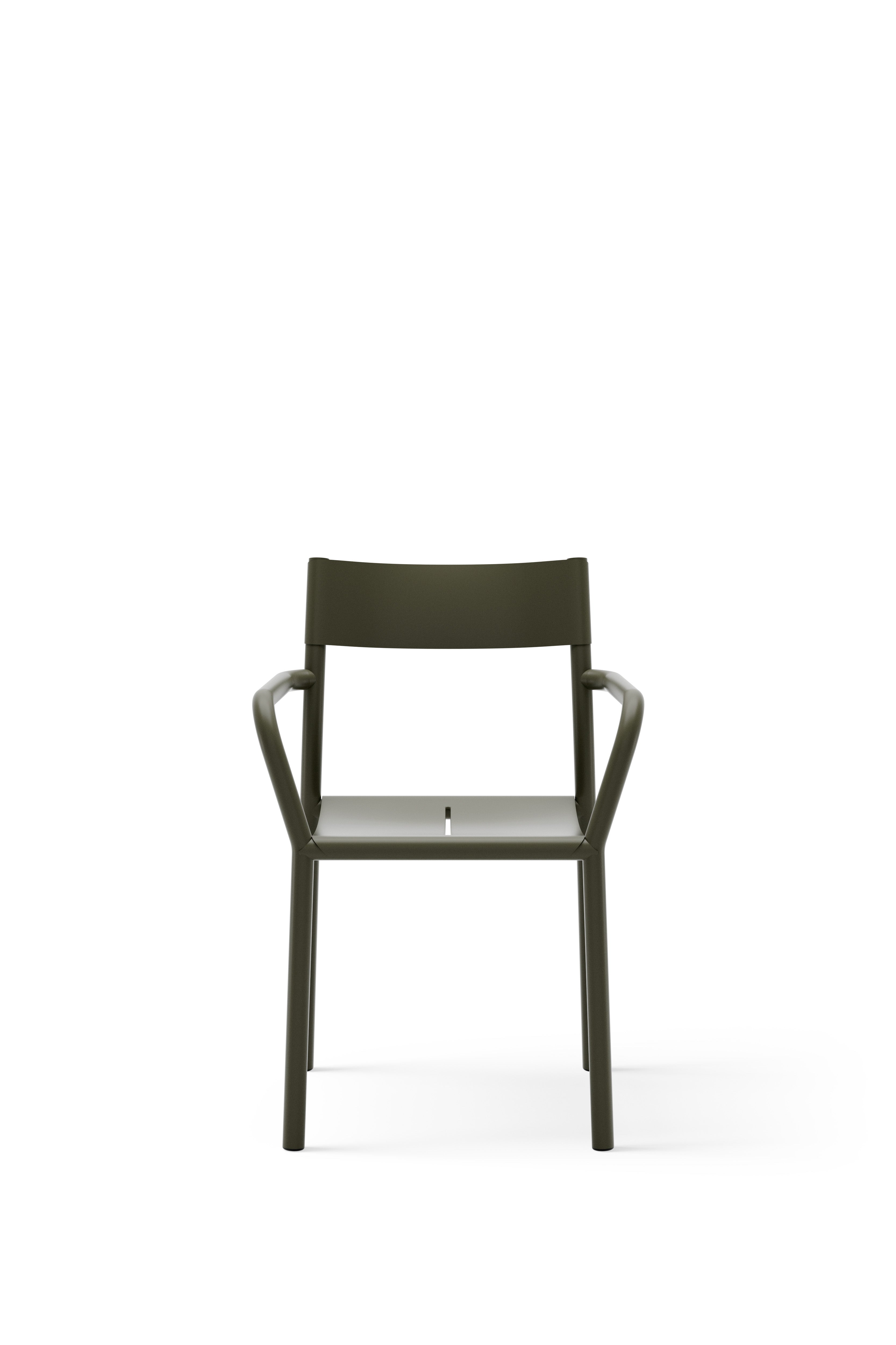 A single black powder-coated steel armchair with a slatted seat and backrest, set against a white background.