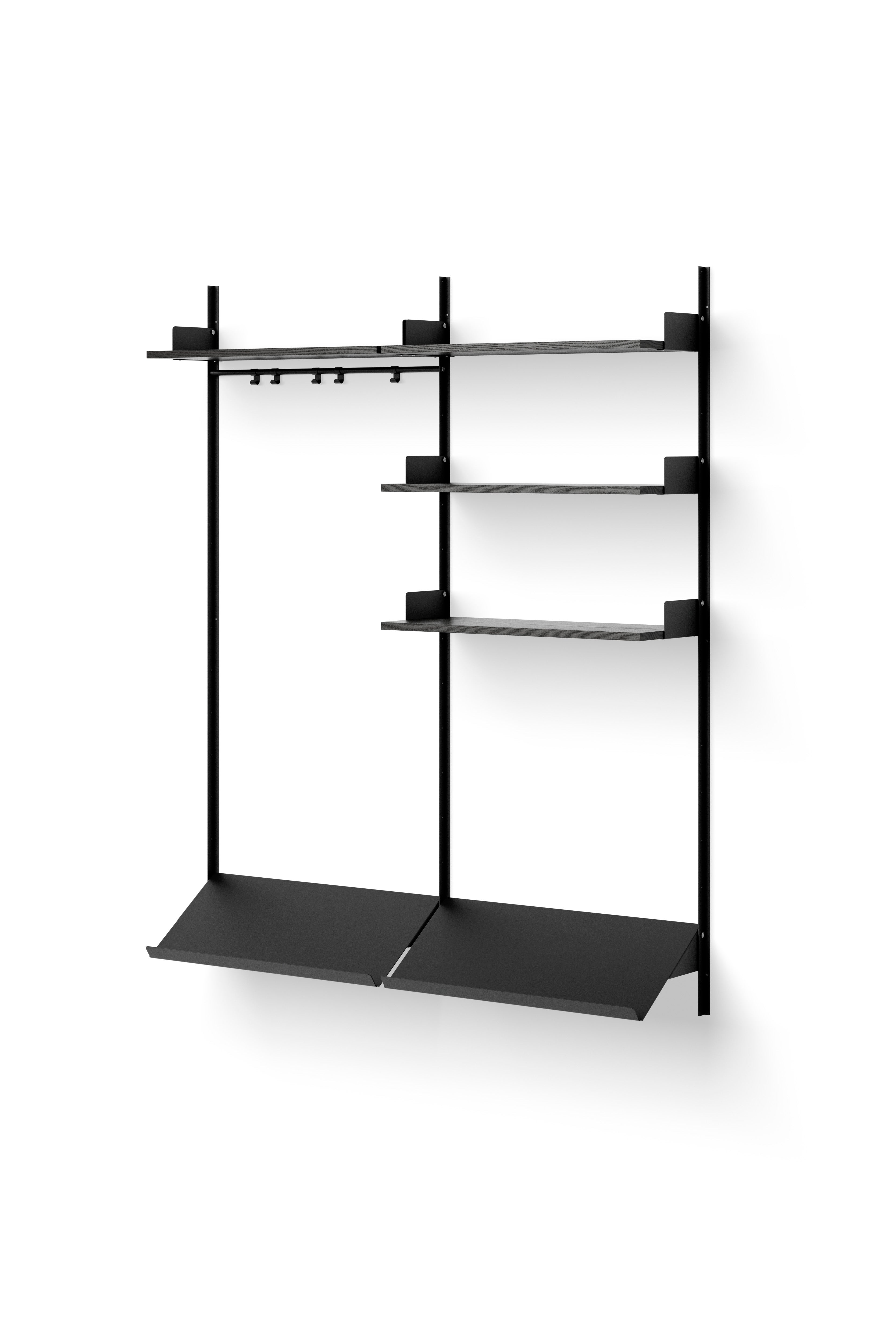 A black wardrobe shelf with a combination of hat shelf and hanger, and two shoe shelves for storage.