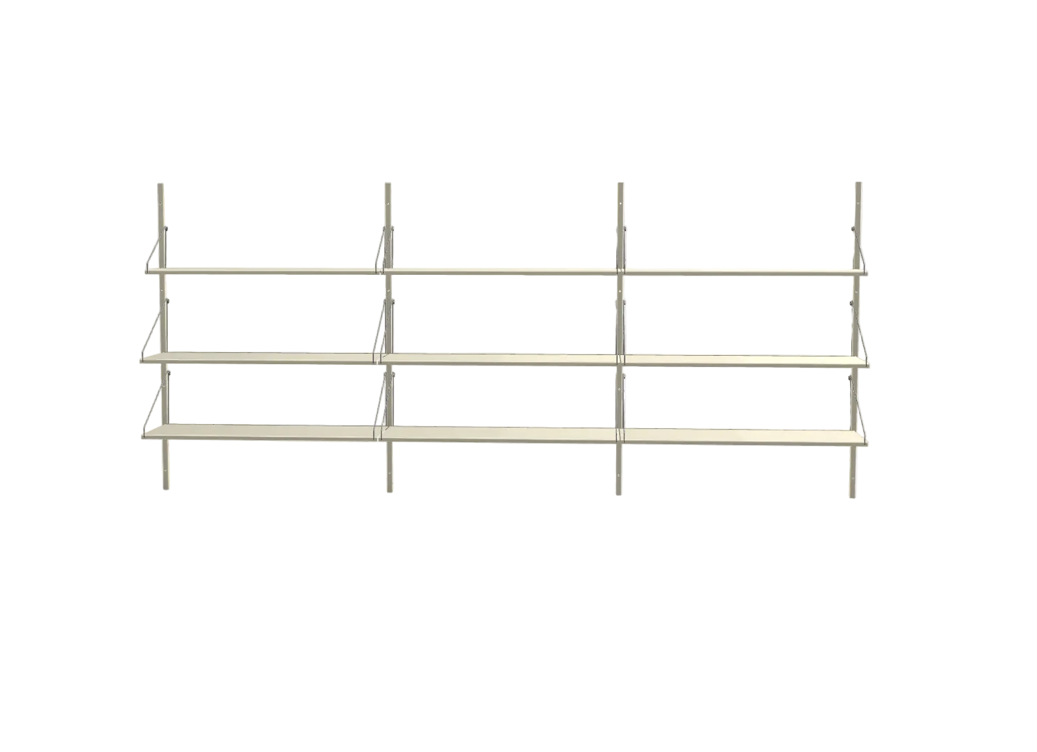 A minimalist three-tier wall-mounted shelving unit with slim vertical metal supports and flat rectangular shelves, shown against a plain light gray background.