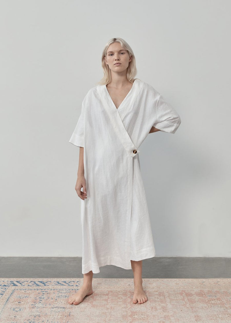 The Wrap Button Dress - White